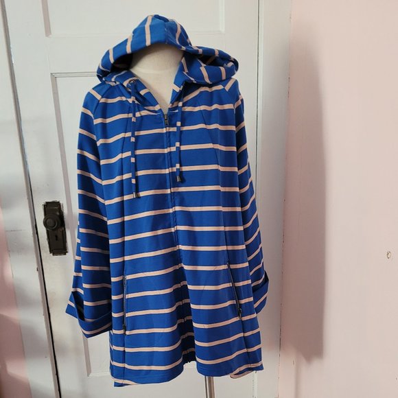 For Cynthia Blue and Tan Stripe Hooded High Low Jacket. Size XL - Picture 1 of 12